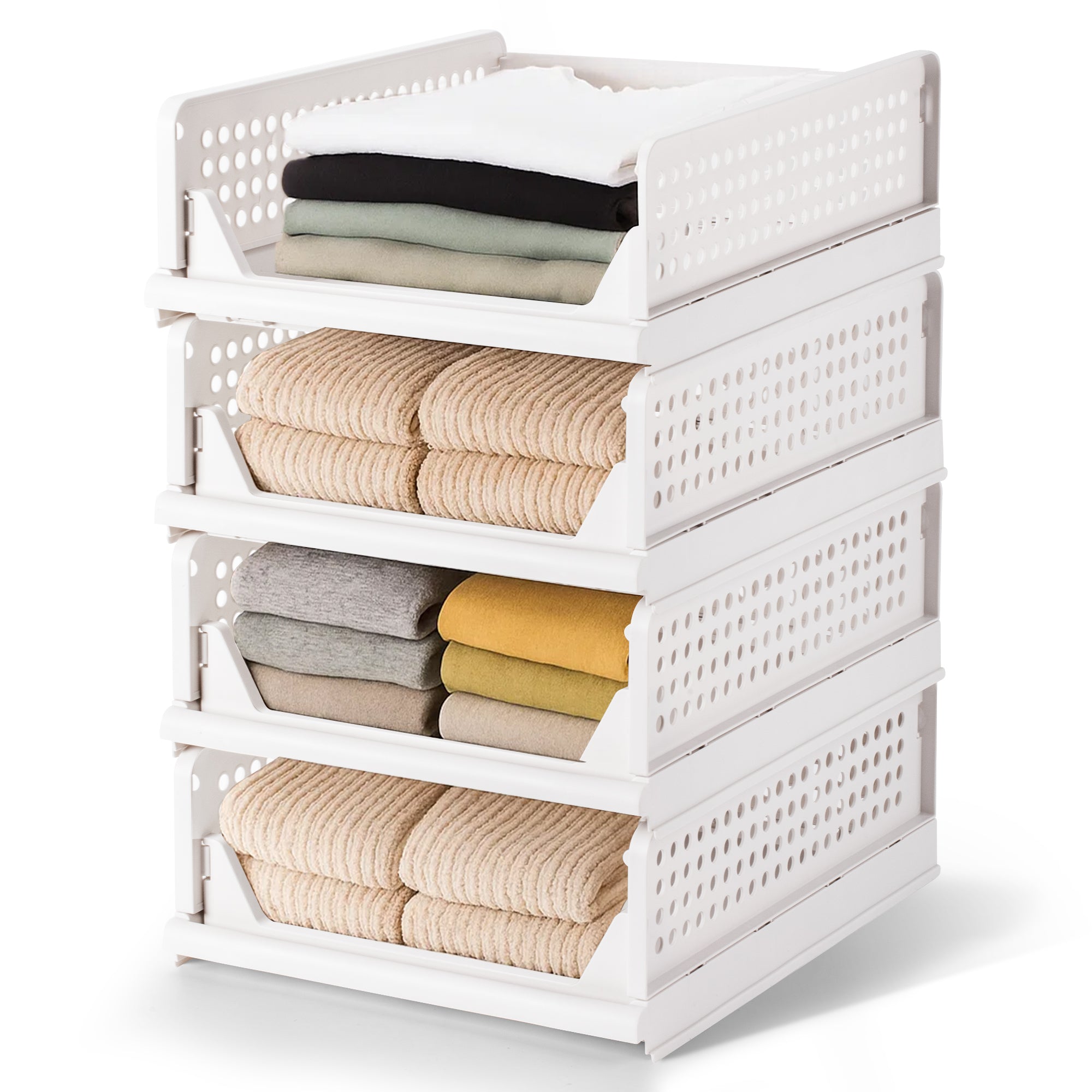 VUSIGN 4 Pack Stackable Closet Storage Basket,  Foldable Closet Organizers and Storage Bins, Wardrobe Clothes Storage, White