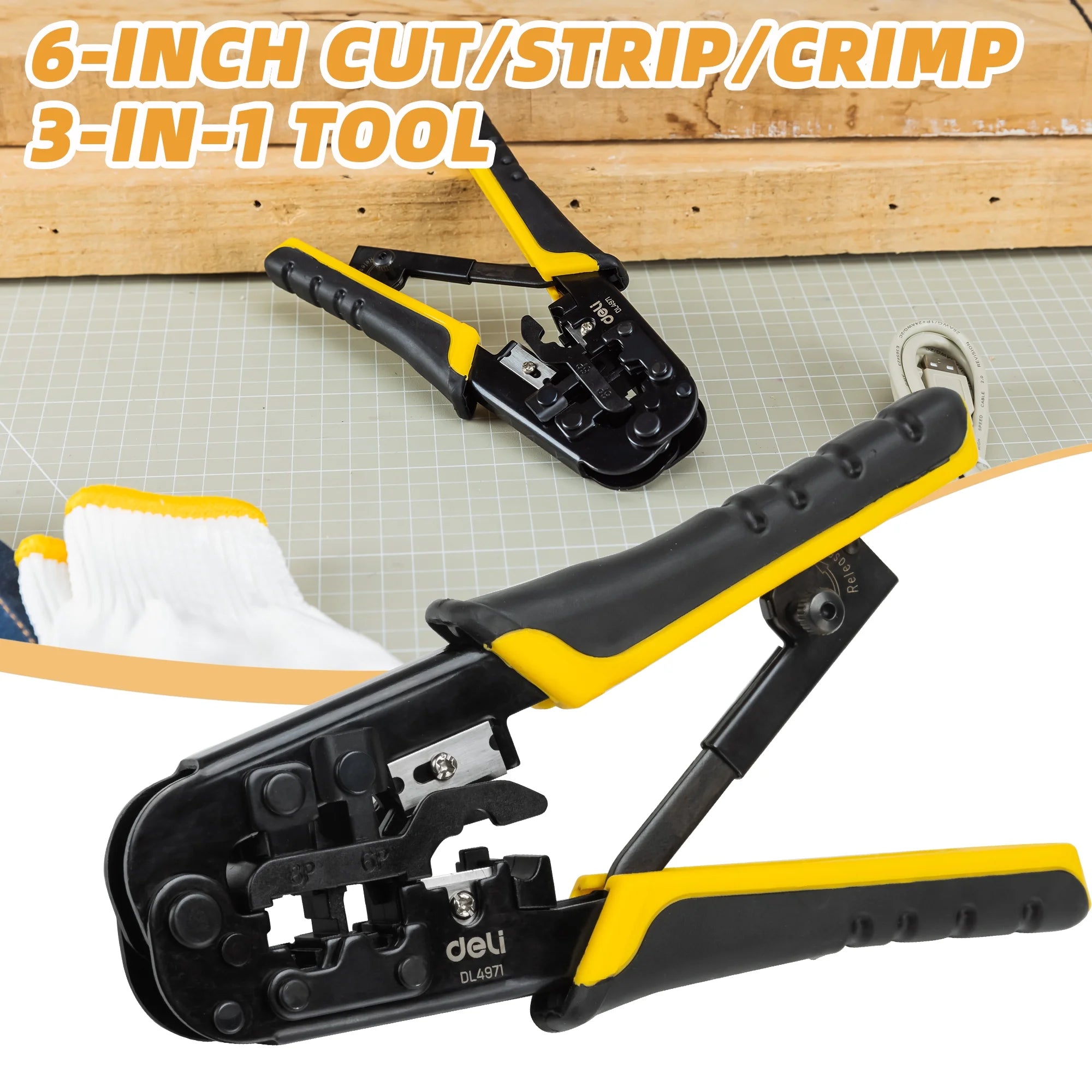 Deli 6-Inch Wire Stripper, Ratcheting Ethernet Wire Crimping Tool For 10-20 Awg Wire,Crimp, Cut and Strip Hand Tools