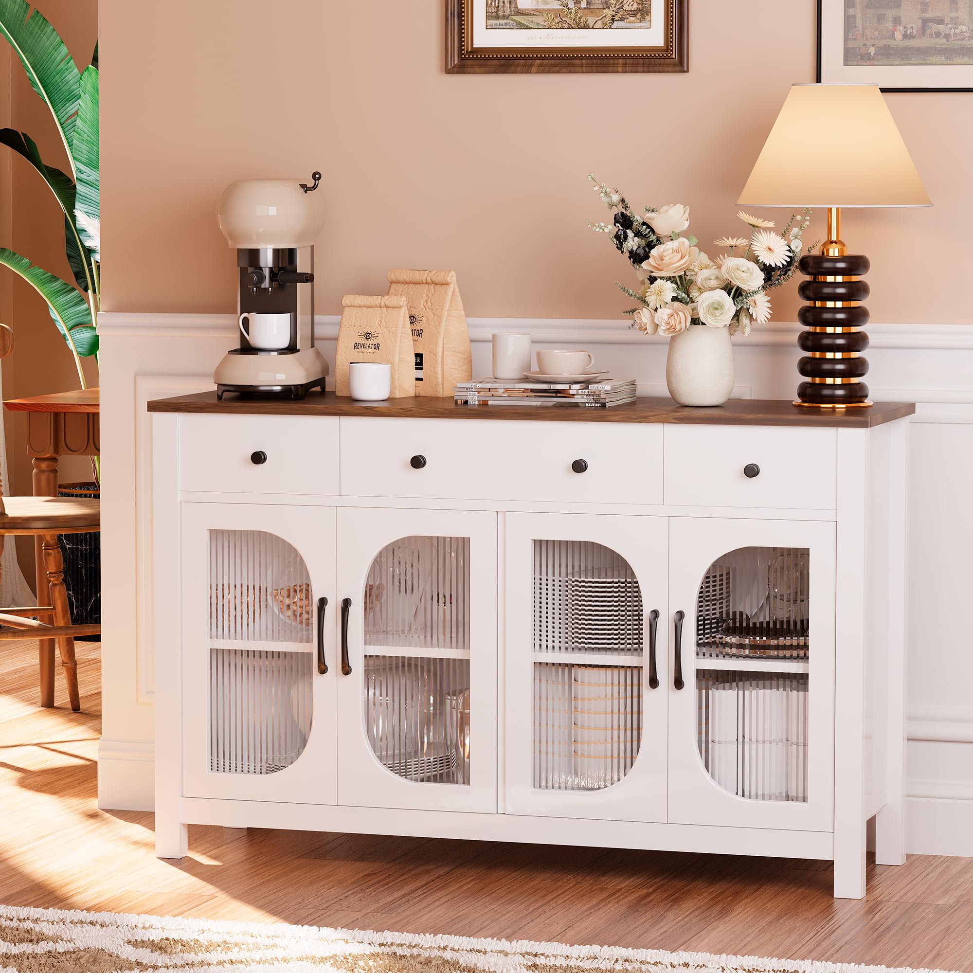 55" White Buffet Sideboard Cabinet with Storage, Buffet Table Featuring 3 Drawers & 4 Glass Doors, Kitchen Coffee Bar Cabinet with Adjustable Shelving for Dining Room or Living Room