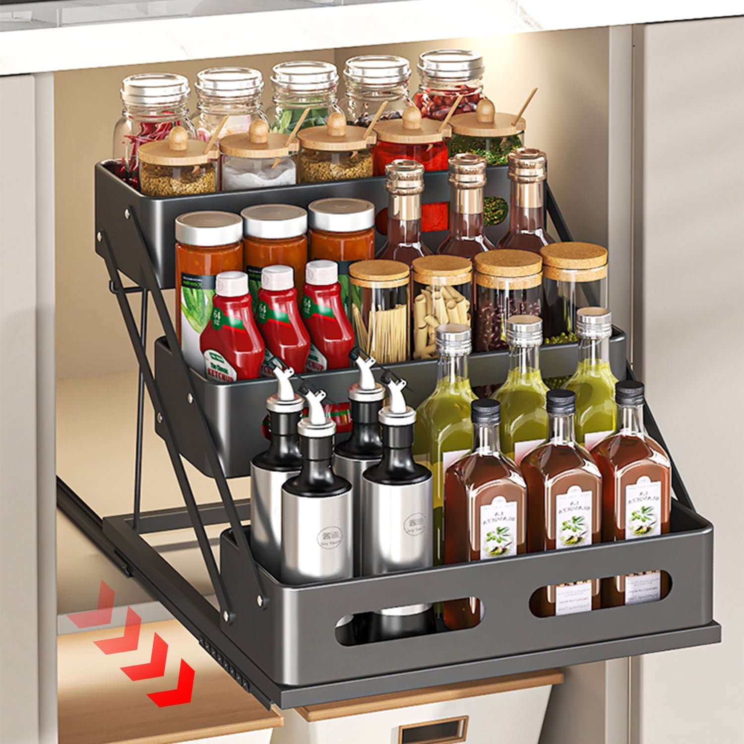 VUSIGN Spice Rack Organizer, 3 Tier Foldable Spice Rack for Cabinet Countertop Pantry Cupboard, Black