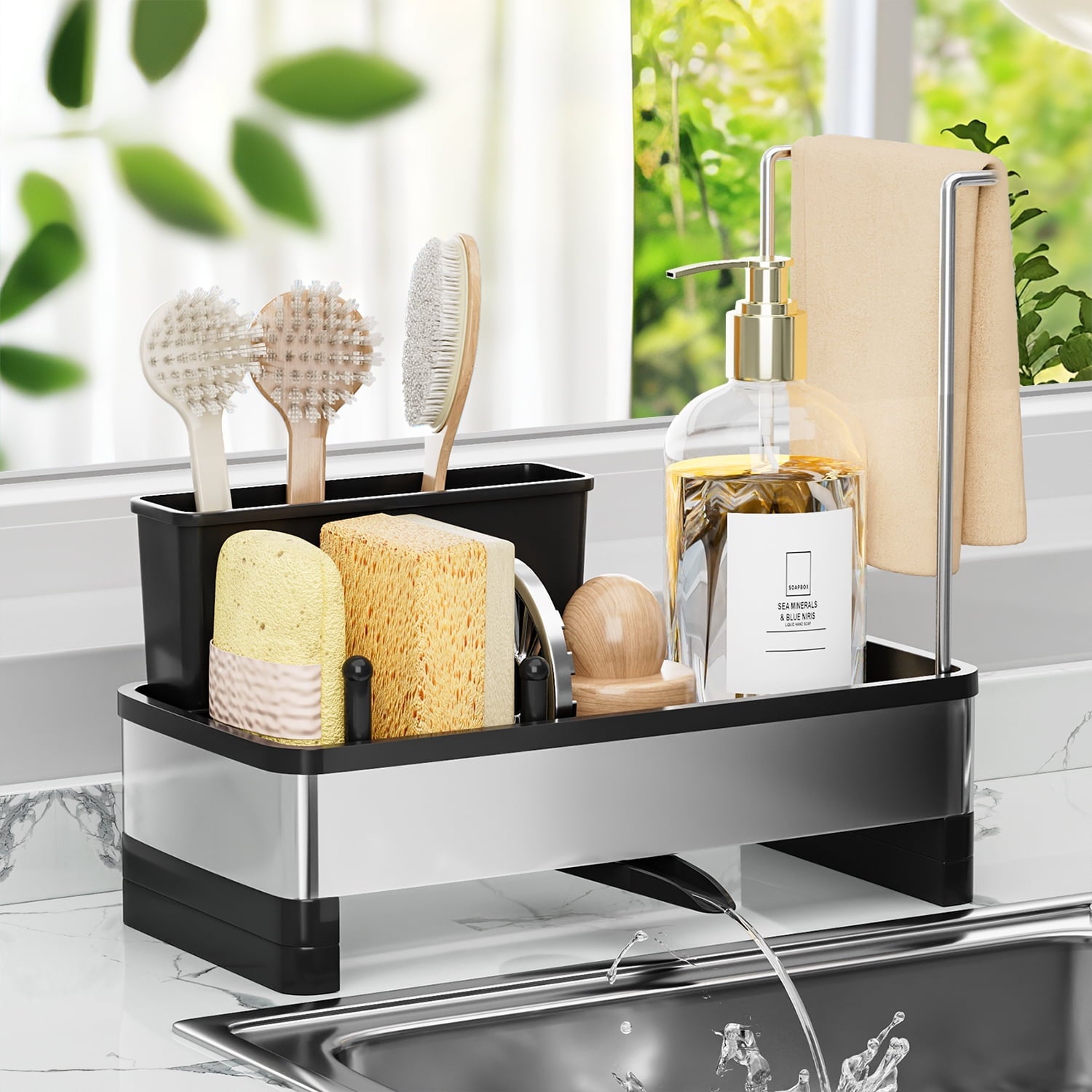VUSIGN Sponge Holder for Kitchen Sink, Sink Caddy Organizer with 3 Large Brush Holder 360° Adjustable Drain Pipe Rag Rack, Multifunctional Kitchen Organizer Accessories