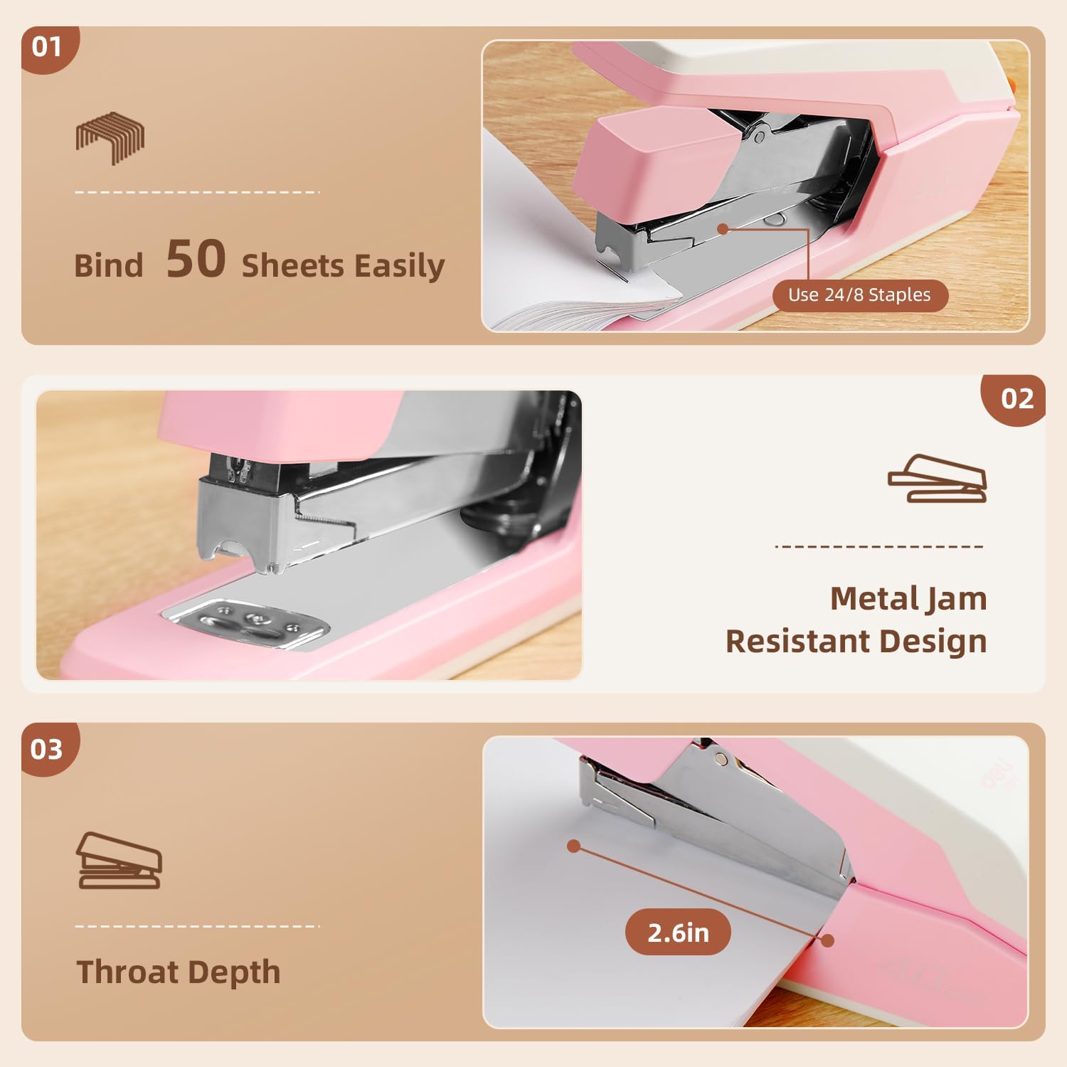 Deli Effortless Desktop Stapler, Heavy Duty Stapler, 40-50 Sheet Capacity, One Finger, No Effort, includes Staples & Staple Remover, Pink