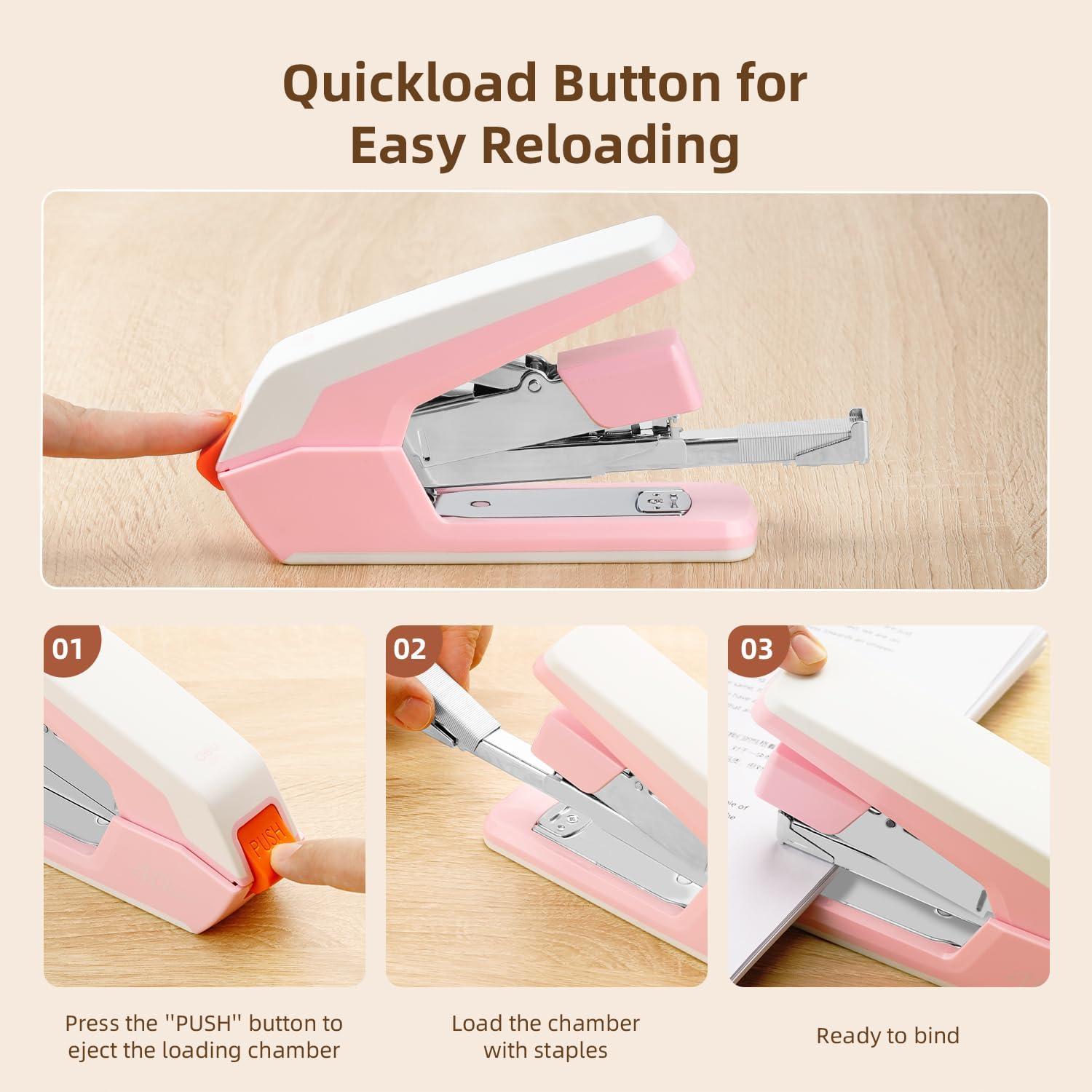 Deli Effortless Desktop Stapler, Heavy Duty Stapler, 40-50 Sheet Capacity, One Finger, No Effort, includes Staples & Staple Remover, Pink