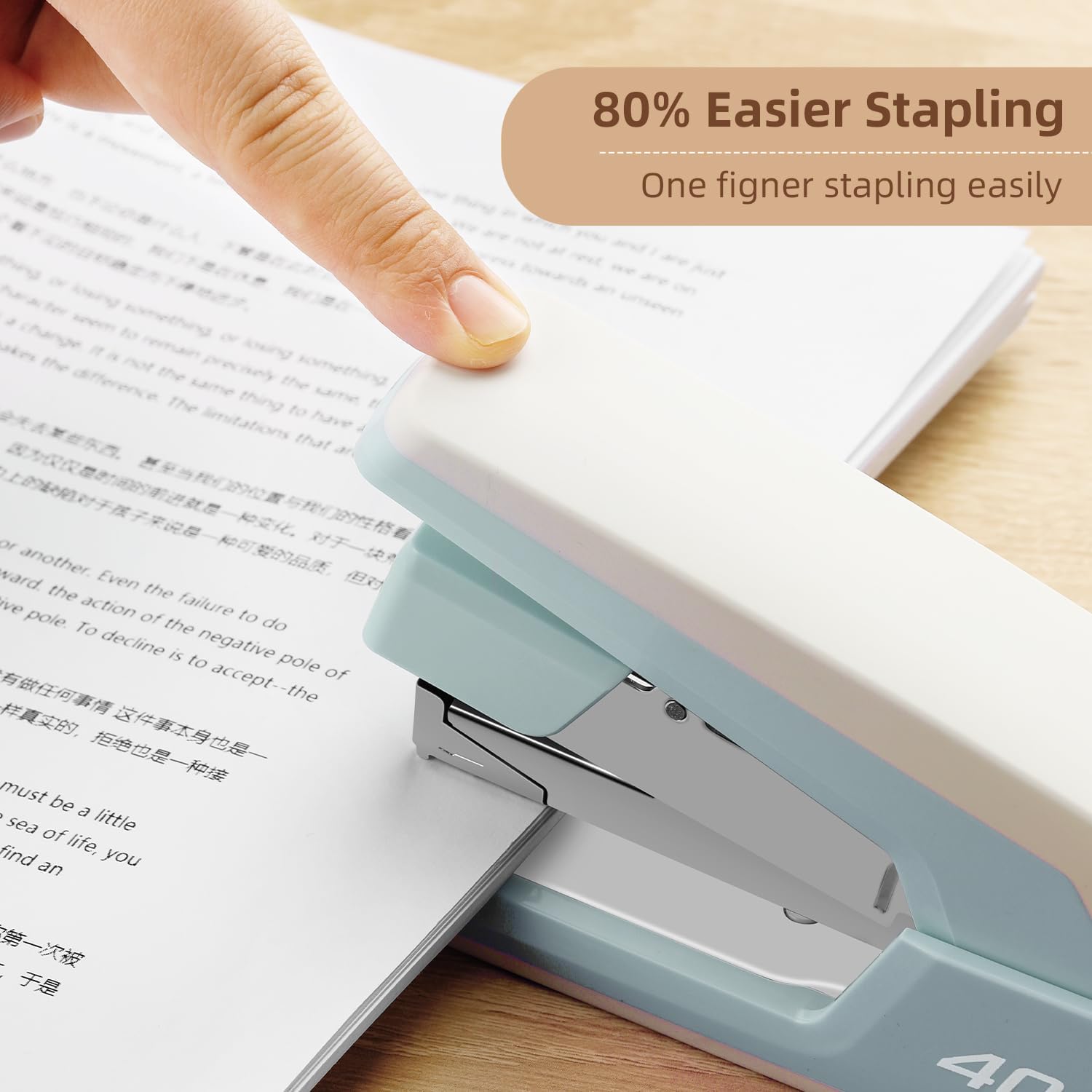 Deli Effortless Desktop Stapler, Heavy Duty Stapler, 40-50 Sheet Capacity, One Finger, No Effort, includes Staples & Staple Remover, Blue