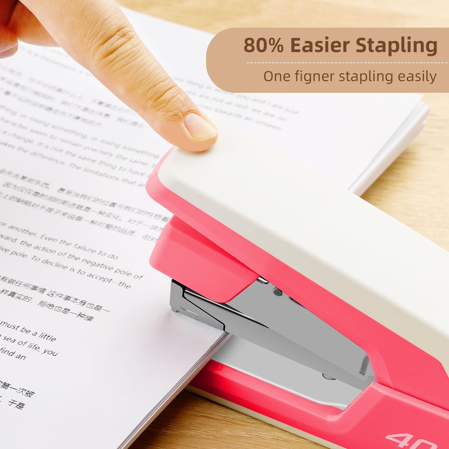 Deli Effortless Desktop Stapler, Heavy Duty Stapler, 40-50 Sheet Capacity, One Finger, No Effort, includes Staples & Staple Remover, Deep Pink