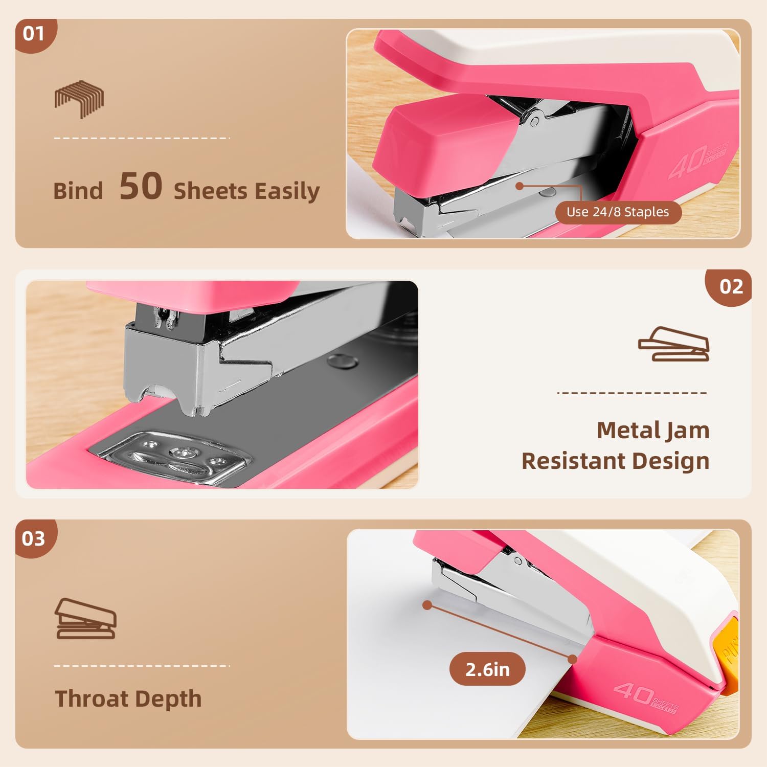 Deli Effortless Desktop Stapler, Heavy Duty Stapler, 40-50 Sheet Capacity, One Finger, No Effort, includes Staples & Staple Remover, Deep Pink