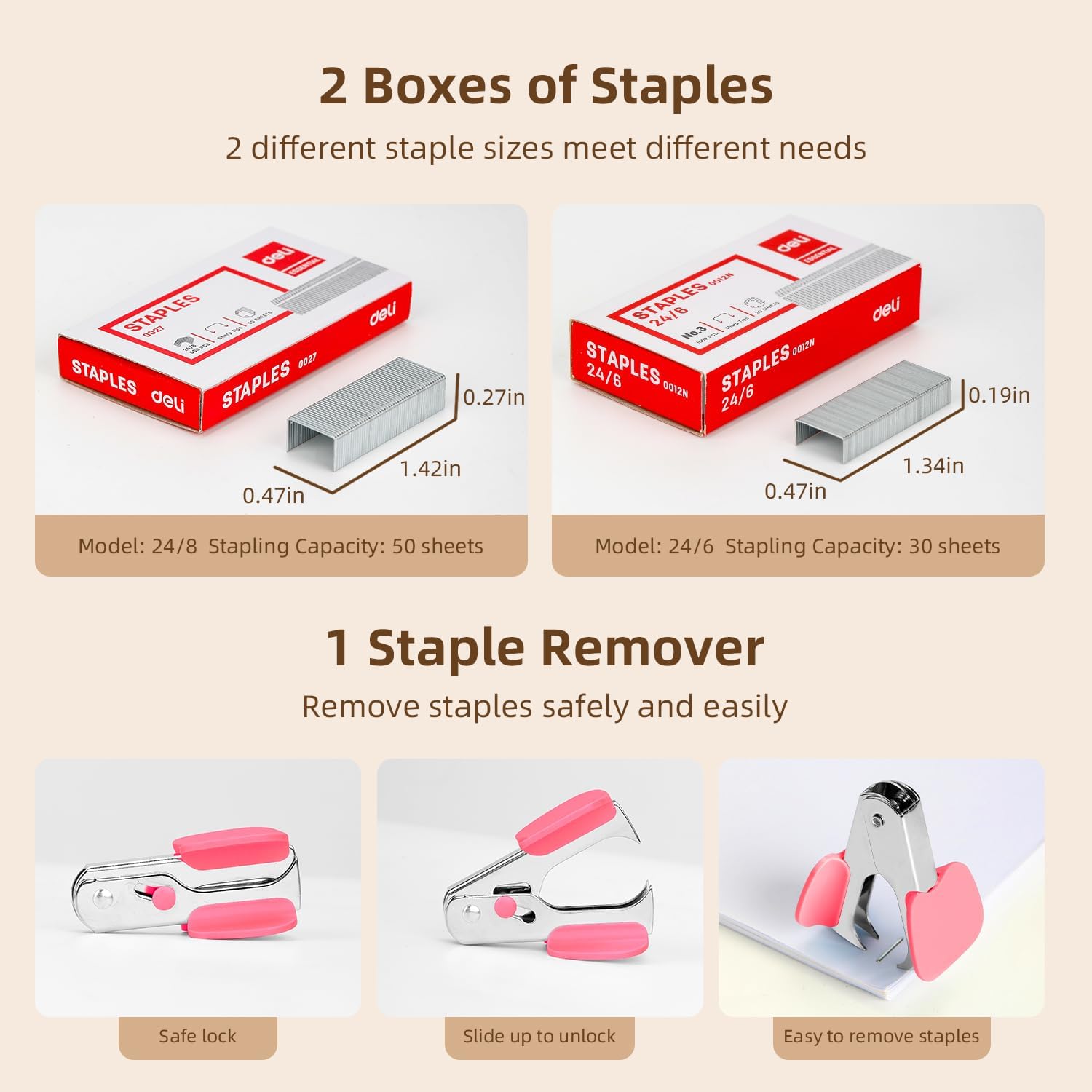 Deli Effortless Desktop Stapler, Heavy Duty Stapler, 40-50 Sheet Capacity, One Finger, No Effort, includes Staples & Staple Remover, Deep Pink