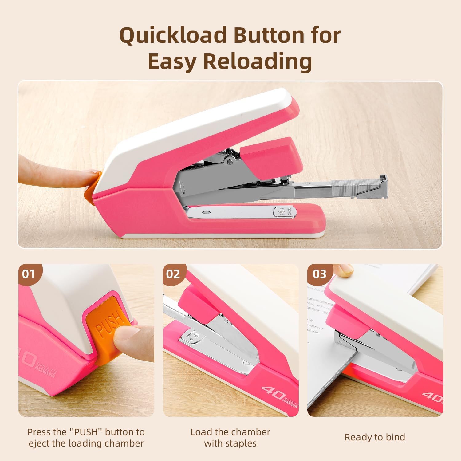 Deli Effortless Desktop Stapler, Heavy Duty Stapler, 40-50 Sheet Capacity, One Finger, No Effort, includes Staples & Staple Remover, Deep Pink