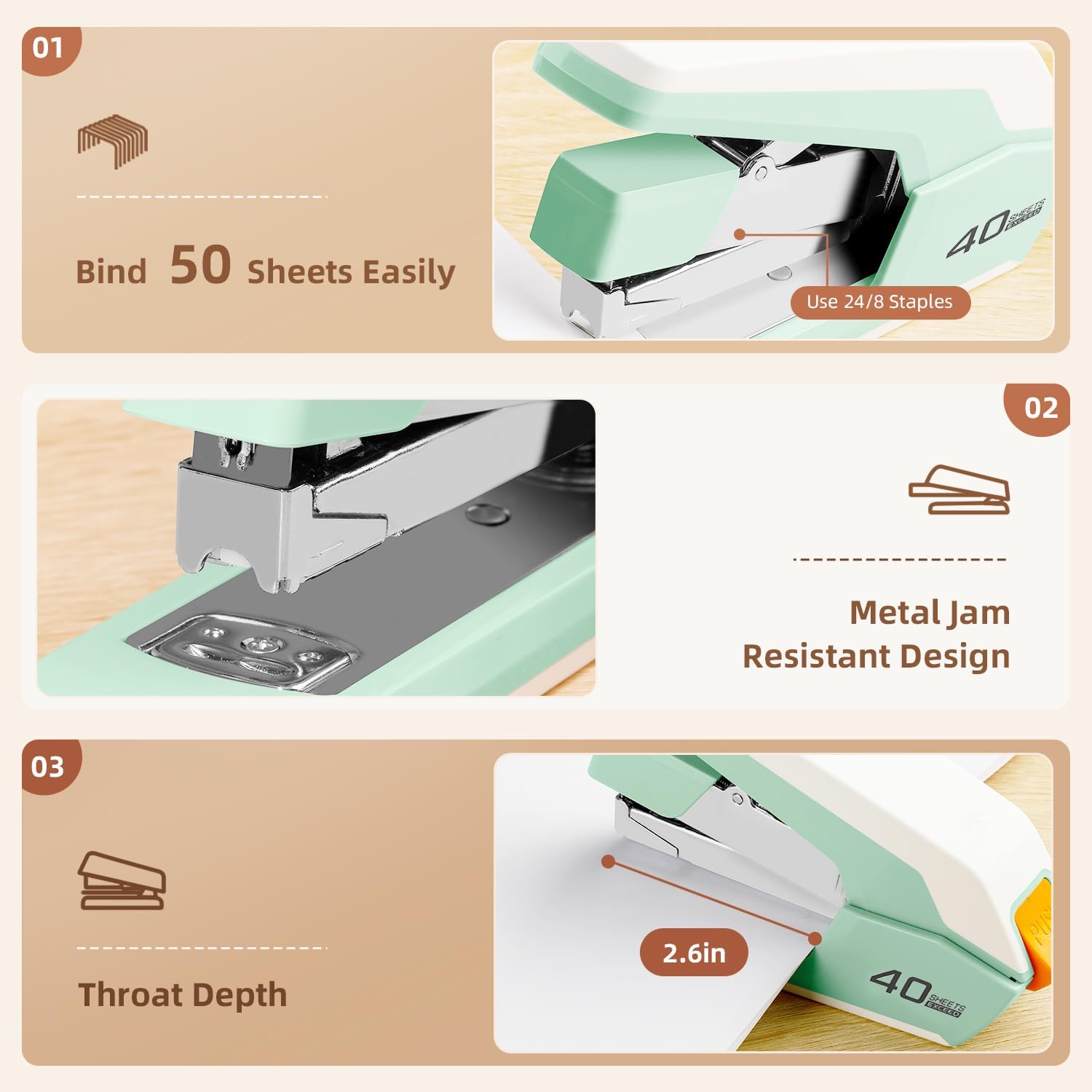 Deli Effortless Desktop Stapler, Heavy Duty Stapler, 40-50 Sheet Capacity, One Finger, No Effort, includes Staples & Staple Remover, Green