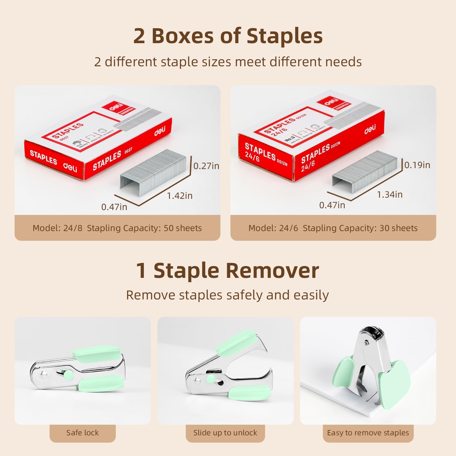 Deli Effortless Desktop Stapler, Heavy Duty Stapler, 40-50 Sheet Capacity, One Finger, No Effort, includes Staples & Staple Remover, Green