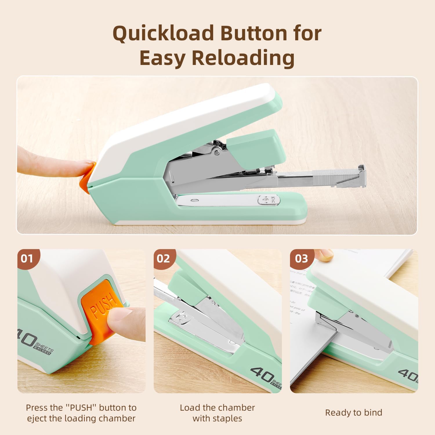 Deli Effortless Desktop Stapler, Heavy Duty Stapler, 40-50 Sheet Capacity, One Finger, No Effort, includes Staples & Staple Remover, Green