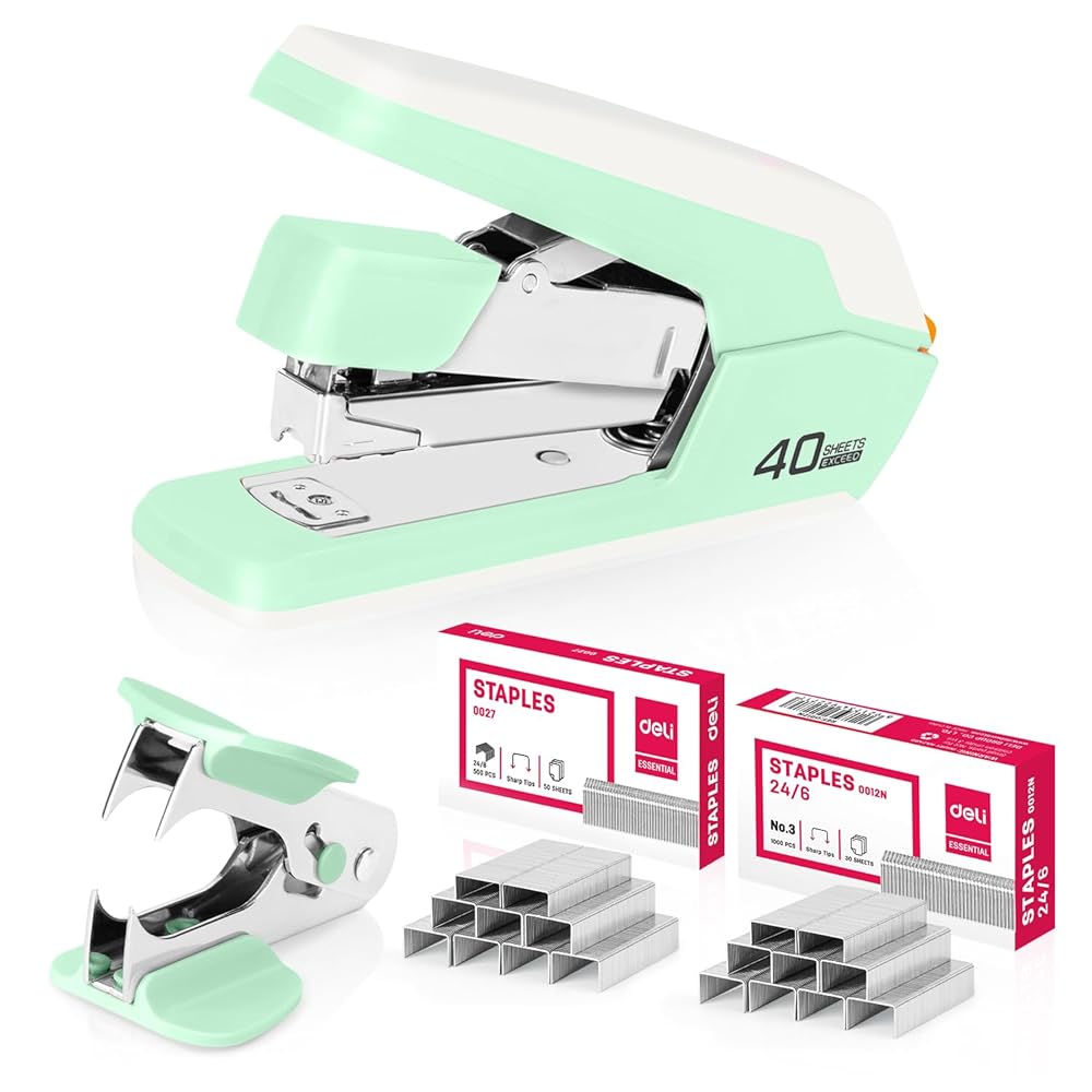 Deli Effortless Desktop Stapler, Heavy Duty Stapler, 40-50 Sheet Capacity, One Finger, No Effort, includes Staples & Staple Remover, Green