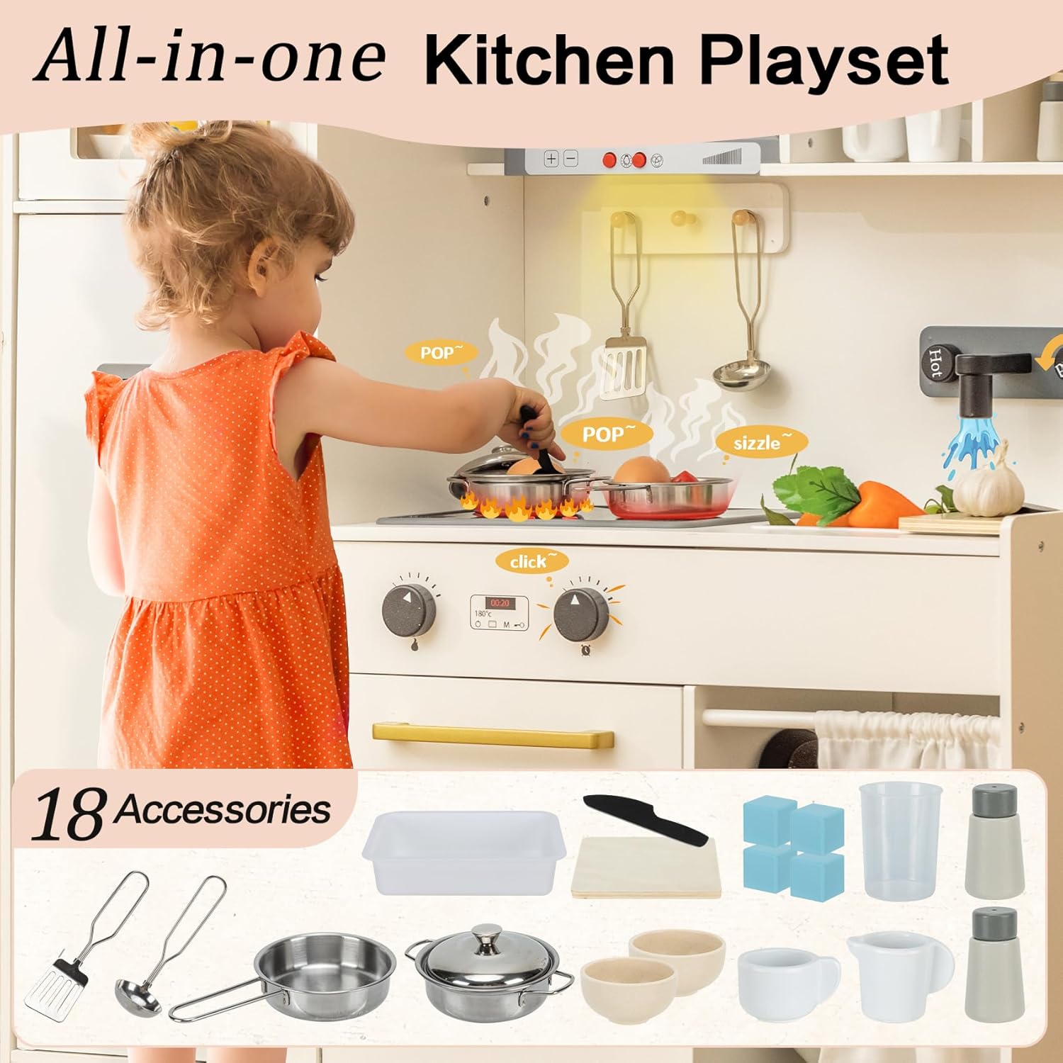 Deli Kids Kitchen Playset, Realistic Wooden Kitchen Playset for Toddlers & Kids with Lights, Sounds & Storage, Ideal Gift for Boys & Girls