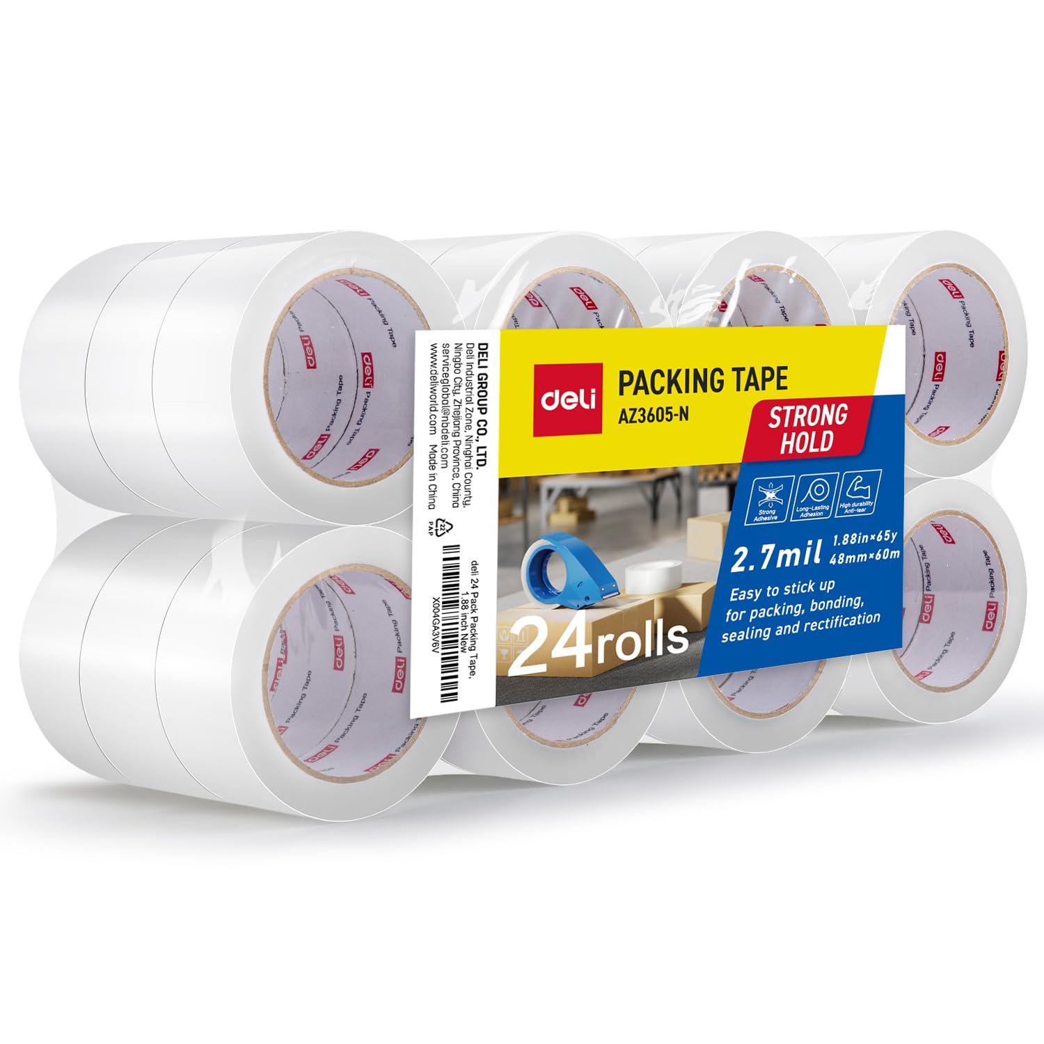 deli Heavy Duty Packing Tape, for Shipping Packaging, Clear, 2.7mil Thick, 1.88 inches Wide, 65 Yards Per Roll