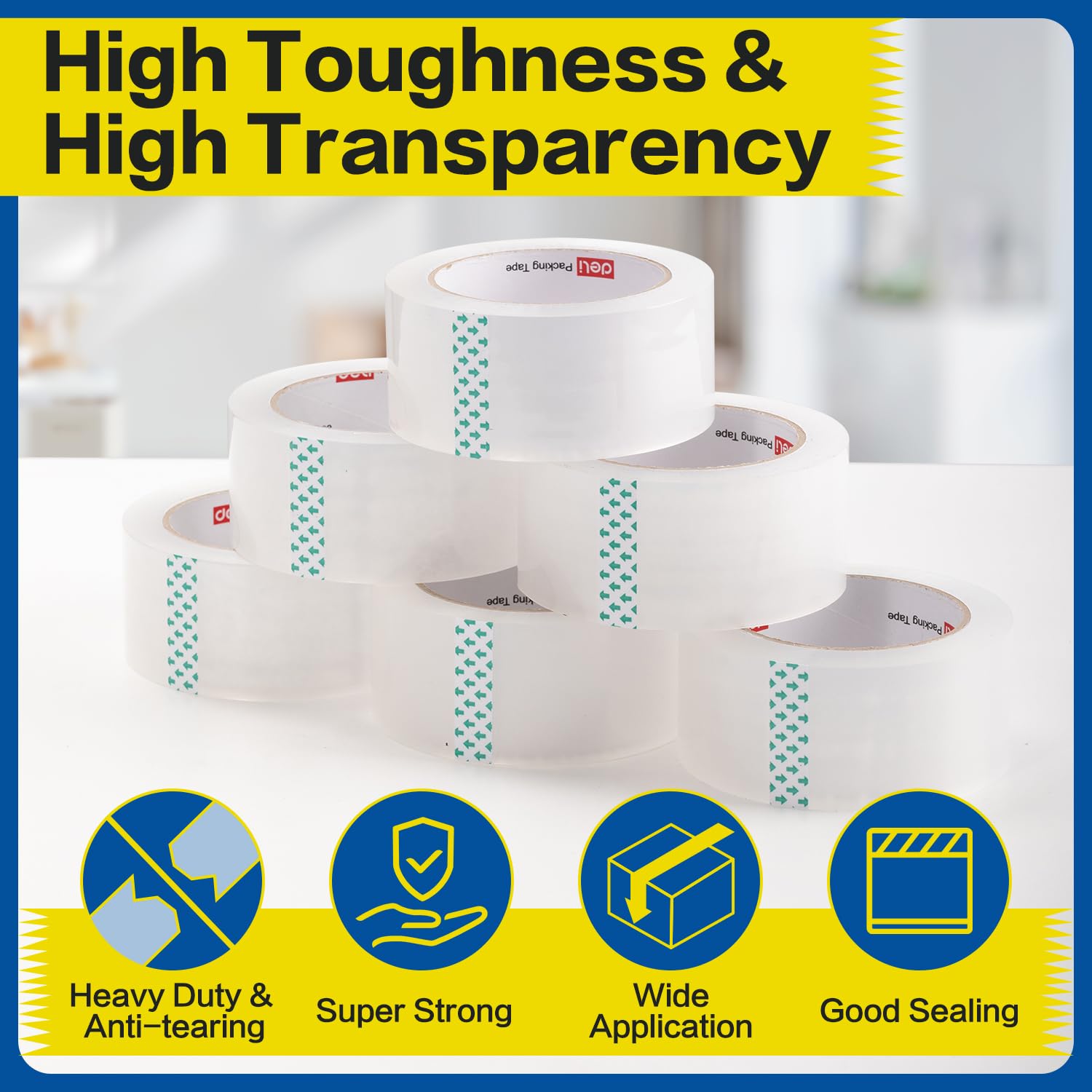 deli Heavy Duty Packing Tape, for Shipping Packaging, Clear, 2.7mil Thick, 1.88 inches Wide, 65 Yards Per Roll