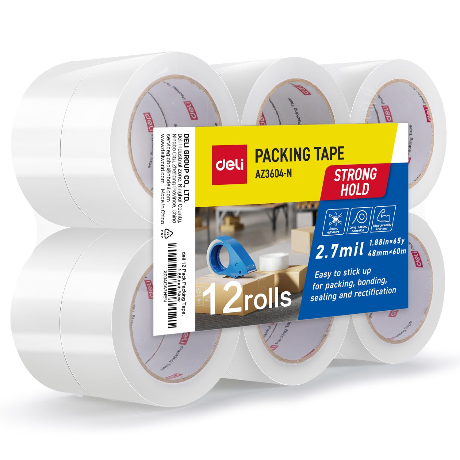 deli Heavy Duty Packing Tape, for Shipping Packaging, Clear, 2.7mil Thick, 1.88 inches Wide, 65 Yards Per Roll