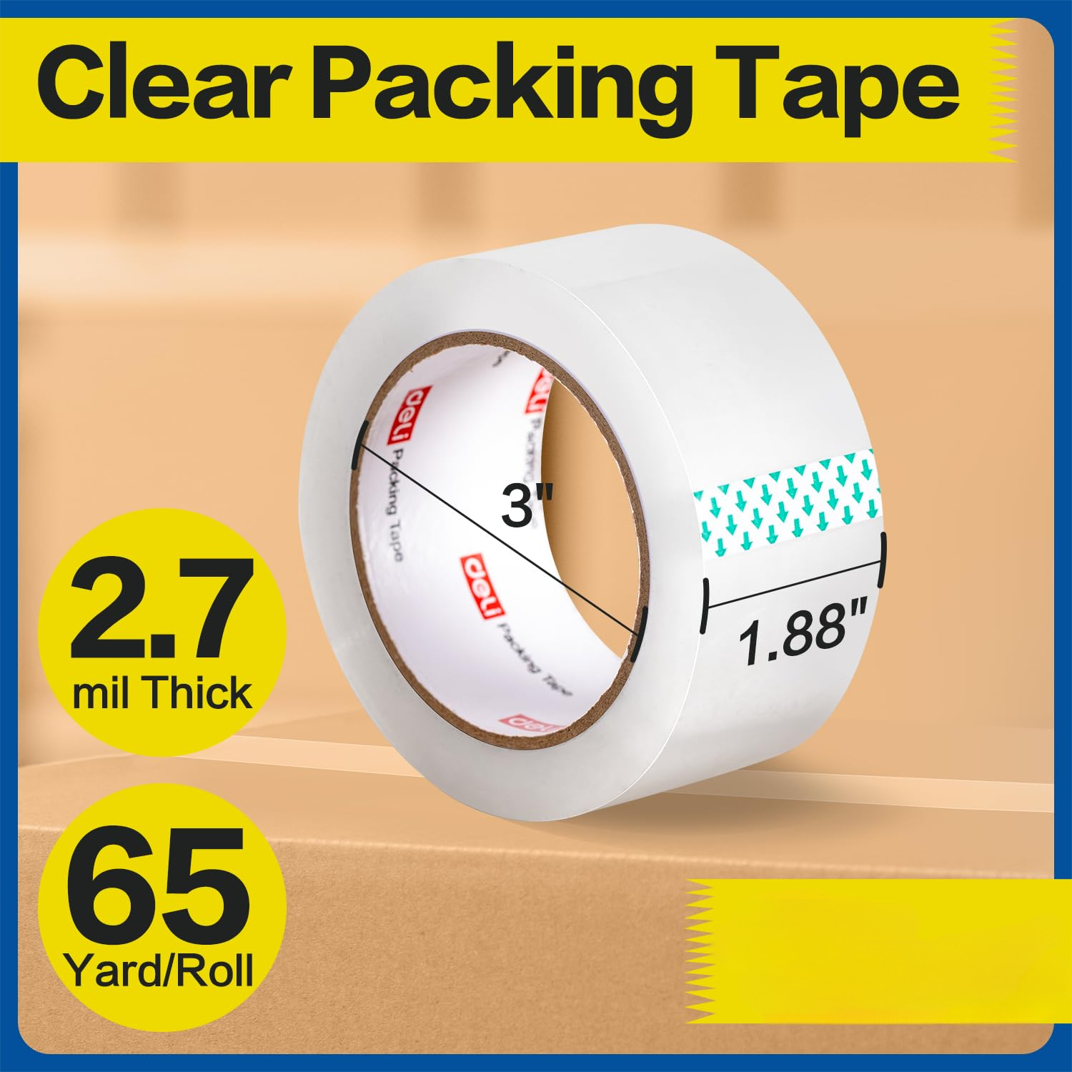 deli Heavy Duty Packing Tape, for Shipping Packaging, Clear, 2.7mil Thick, 1.88 inches Wide, 65 Yards Per Roll