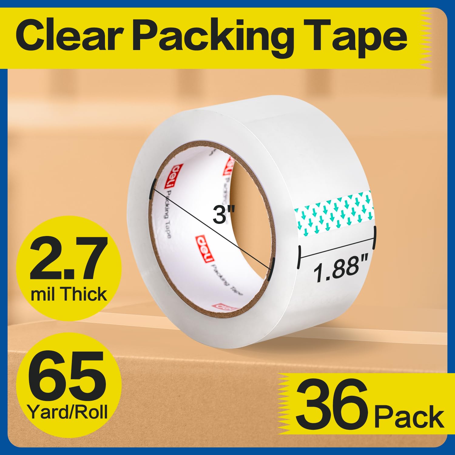 deli Heavy Duty Packing Tape 36 Rolls, Clear Packing Tape for Shipping Packaging Moving Sealing, 2.7mil Thick, 65 Yards Per Roll, 2340 Total Yards, 1.88-inch/2-inch Options