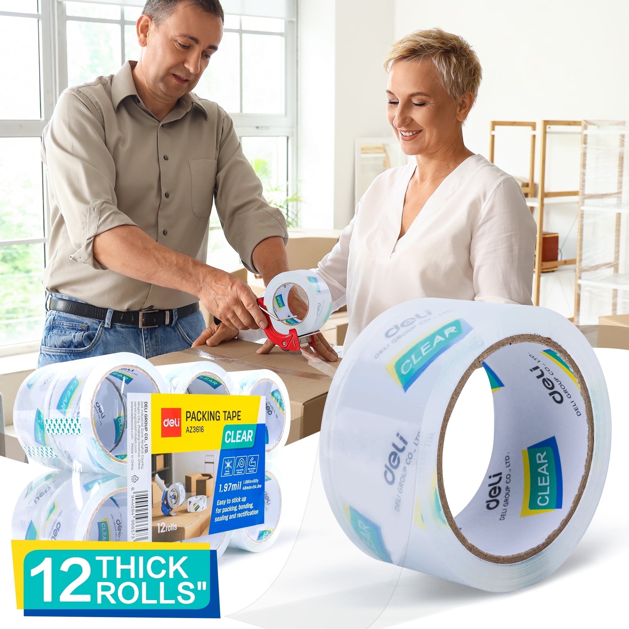 Deli Heavy Duty 12 Rolls Packing Tape, 1.88 in x 60 yd Crystal Clear, Tear & Break Resistant, Strong Adhesive for Shipping, Moving & Storage