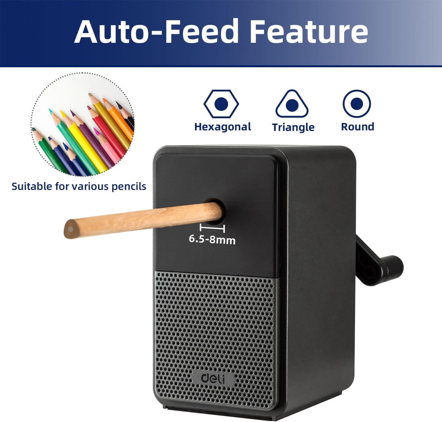 Deli Manual Pencil Sharpener - Auto-in Hand Crank with Adjustable Point for Colored Pencils, Kids, Students, Classroom, Home and Office, Black