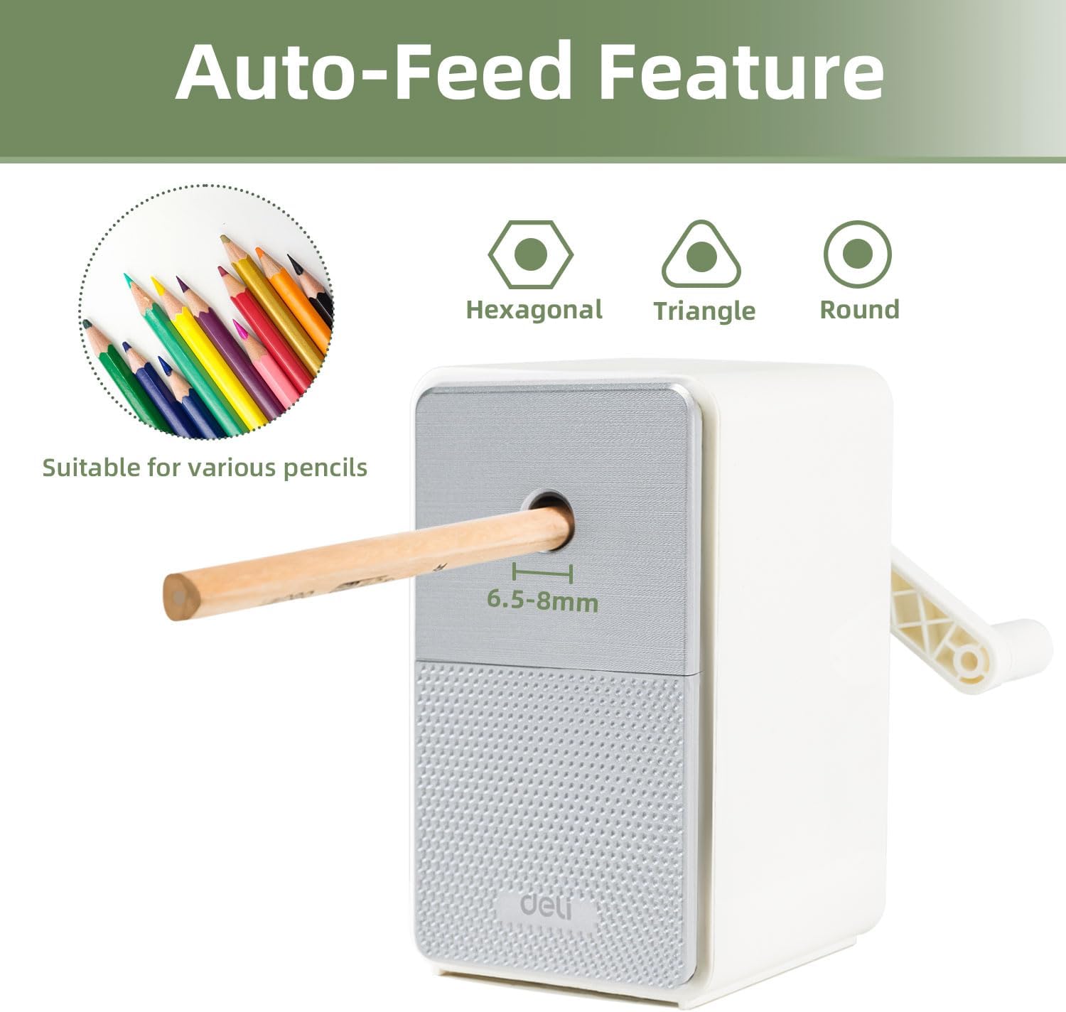 Deli Manual Pencil Sharpener - Auto-in Hand Crank with Adjustable Point for Colored Pencils, Kids, Students, Classroom, Home and Office, White