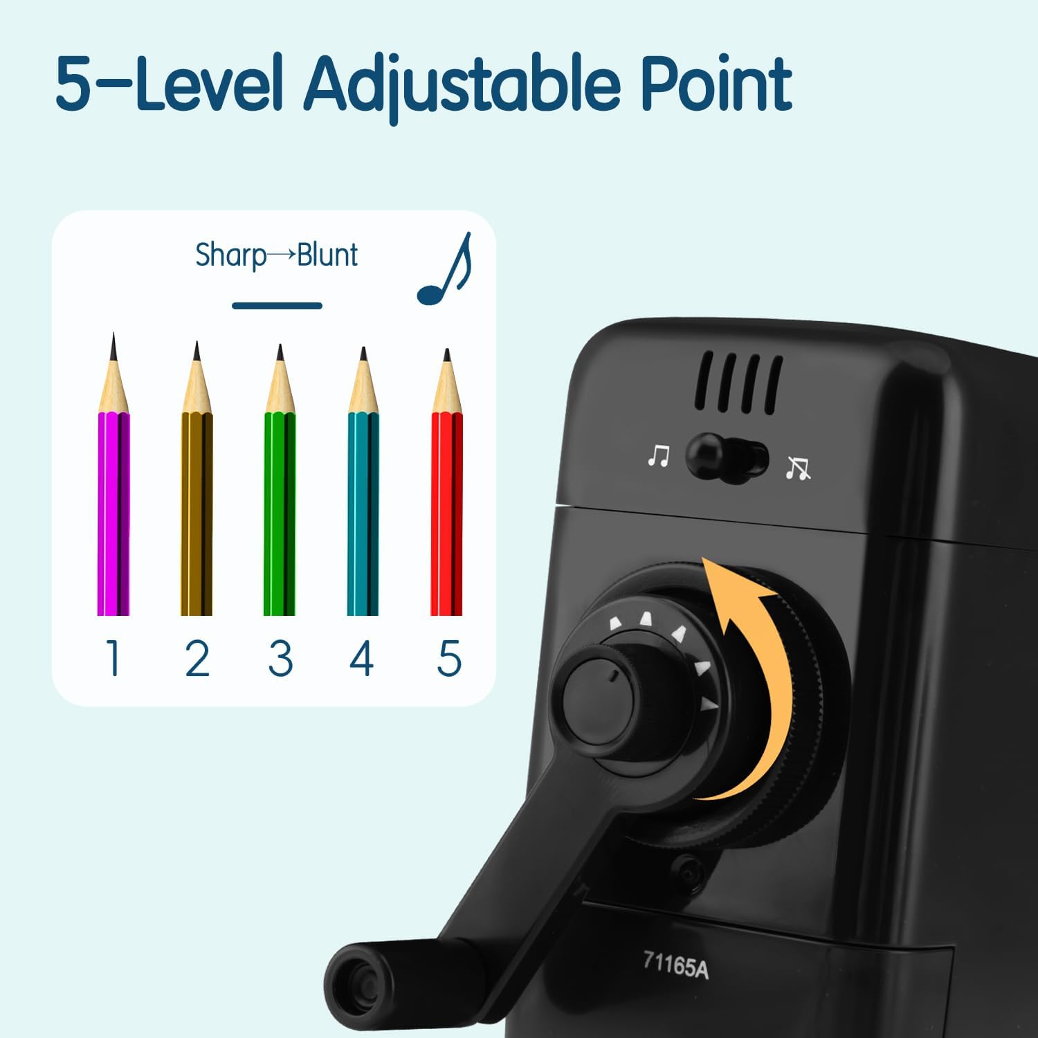 Deli Manual Music Themed Pencil Sharpener with Adjustable Point and Auto-in Design for Colored Pencils, Auto-Feed Hand Crank, Random Color