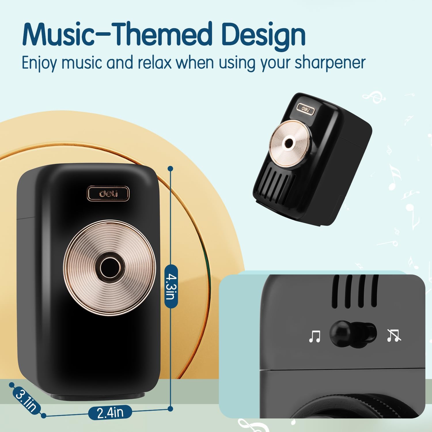 Deli Manual Music Themed Pencil Sharpener with Adjustable Point and Auto-in Design for Colored Pencils, Auto-Feed Hand Crank, Random Color