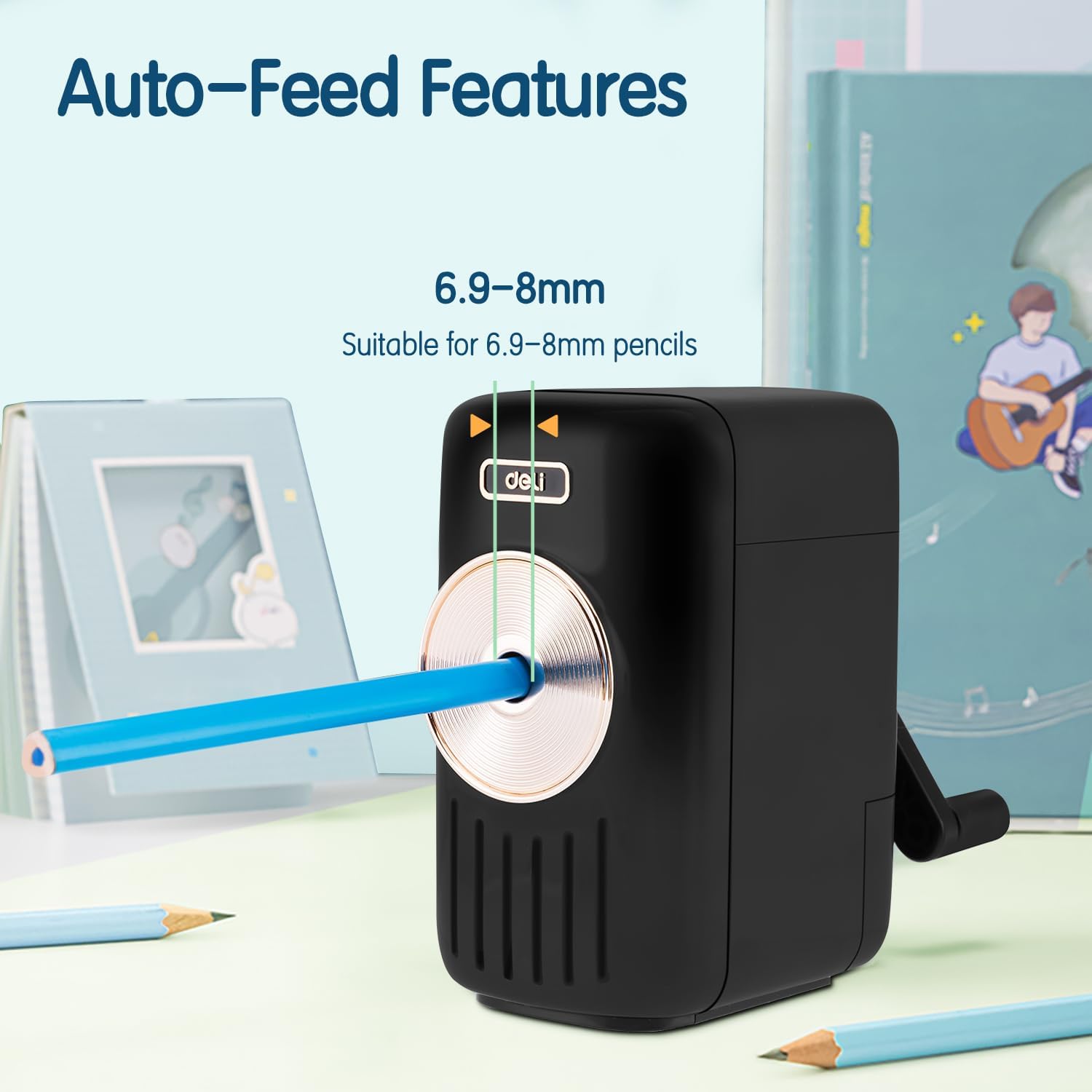 Deli Manual Music Themed Pencil Sharpener with Adjustable Point and Auto-in Design for Colored Pencils, Auto-Feed Hand Crank, Random Color