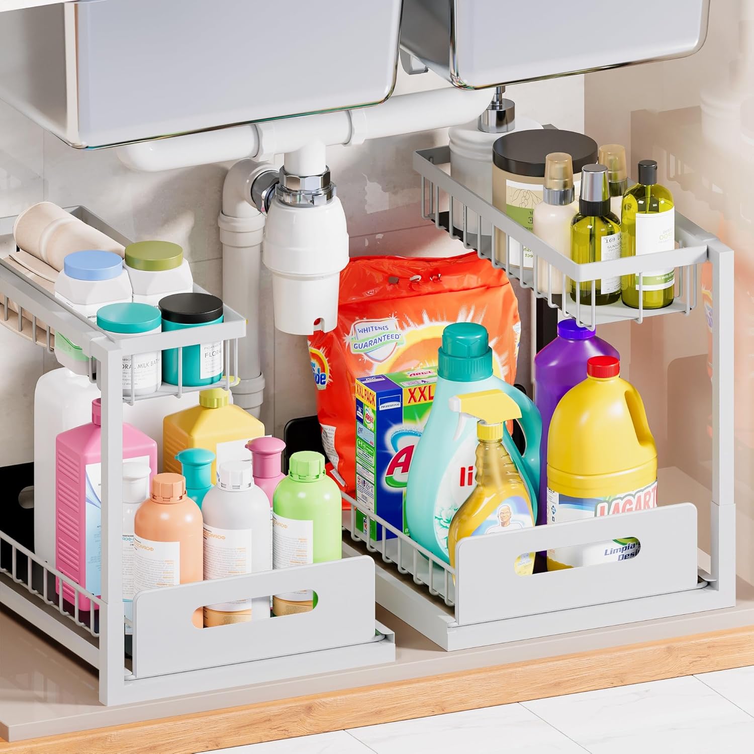 VUSIGN Under Sink Organizers Storage, 2 Tier Under Cabinet Organizer Shelf, Pull Out Kitchen Bathroom Sink Organizer Storage Organization, 2 Pack White