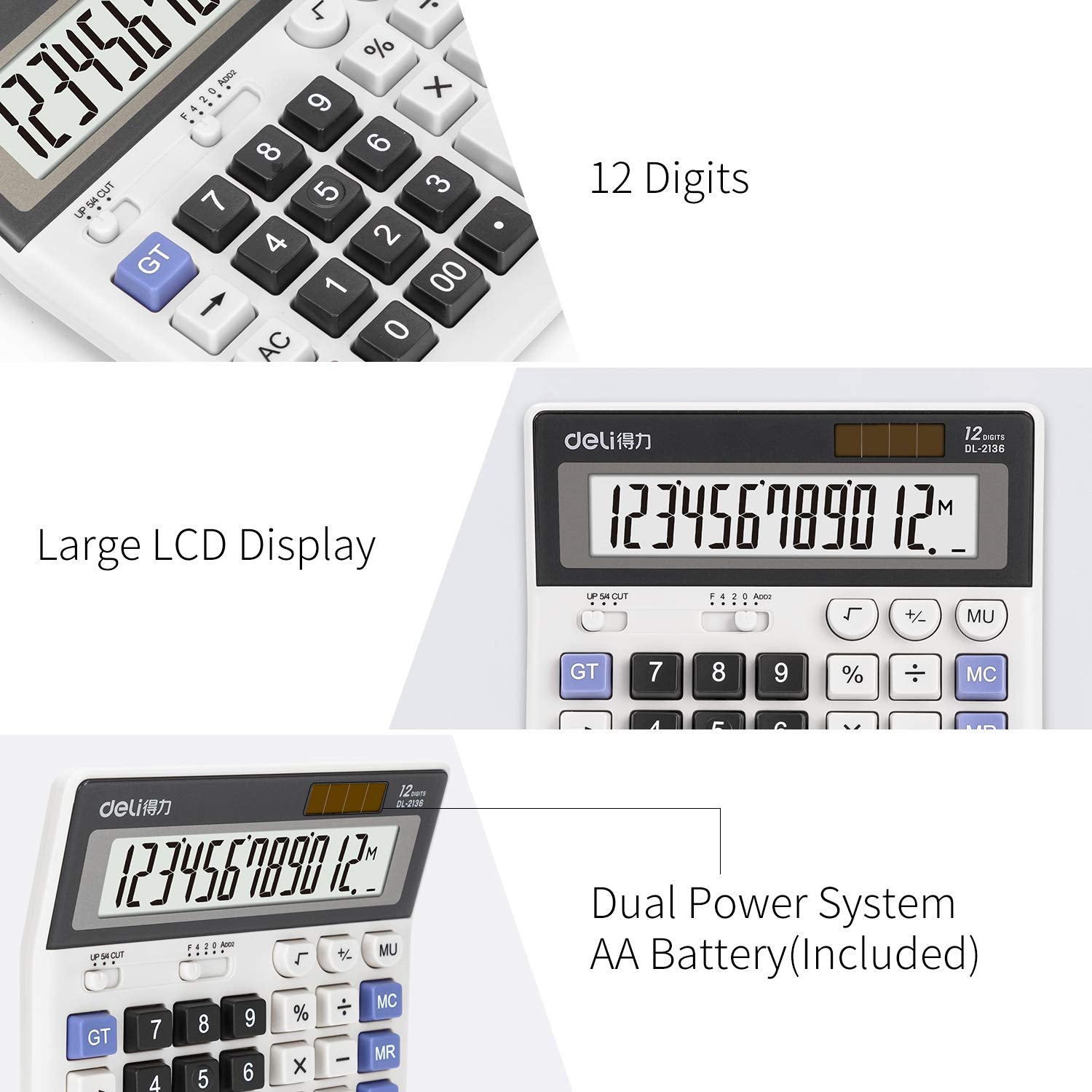 Standard Function Solar Battery Dual Power Office Calculator, White
