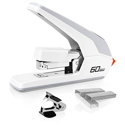 Deli Effortless Desktop Stapler, Heavy Duty Stapler, 60-70 Sheet Capacity, One Finger, No Effort, Includes Staples & Staple Remover, White