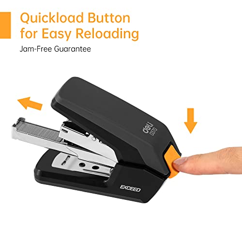 Deli Effortless Desktop Stapler, Standard Stapler, 25 Sheet Capacity, One Finger, No Effort, Includes Staples & Staple Remover, Black
