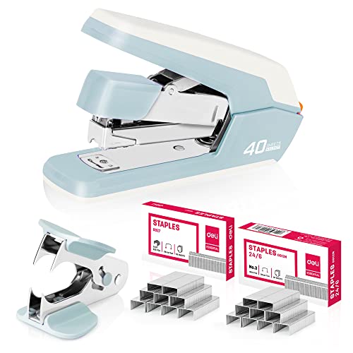 Deli Effortless Desktop Stapler, Heavy Duty Stapler, 40-50 Sheet Capacity, One Finger, No Effort, Includes Staples & Staple Remover, Blue