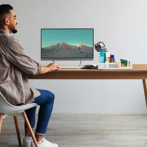 deli Mesh Desk Organizer Office Supplies Caddy with Pencil Holder and Storage Baskets for Desktop Accessories, 3 Compartments, White