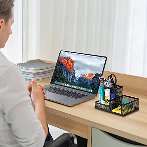 deli Mesh Desk Organizer Office Supplies Caddy with Pencil Holder and Storage Baskets for Desktop Accessories, 3 Compartments, Black
