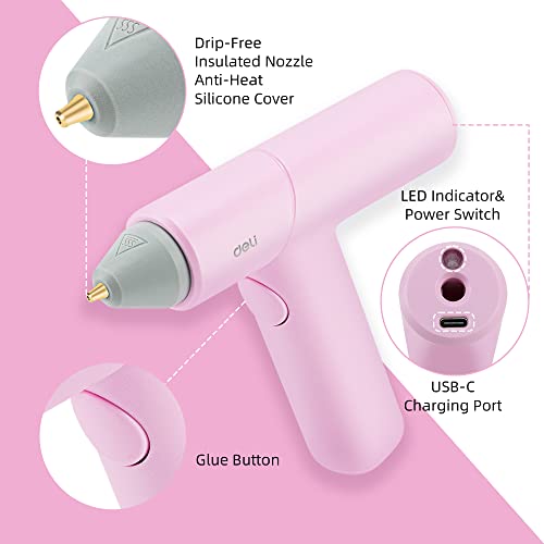 Deli Cordless Hot Glue Fast Preheating Glue Gun Kit with 30 Pcs Mini Glue Sticks, Smart-Power-Off Hot Melt Glue Gun for DIY Projects, Arts, Crafts, Quick Repairs and Home Decoration, Pink
