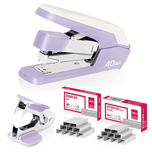 Deli Effortless Desktop Stapler, Heavy Duty Stapler, 40-50 Sheet Capacity, One Finger, No Effort, Includes Staples & Staple Remover, Violet