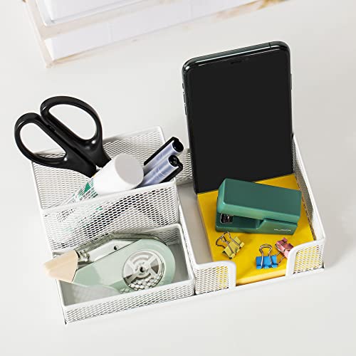 deli Mesh Desk Organizer Office Supplies Caddy with Pencil Holder and Storage Baskets for Desktop Accessories, 3 Compartments, White