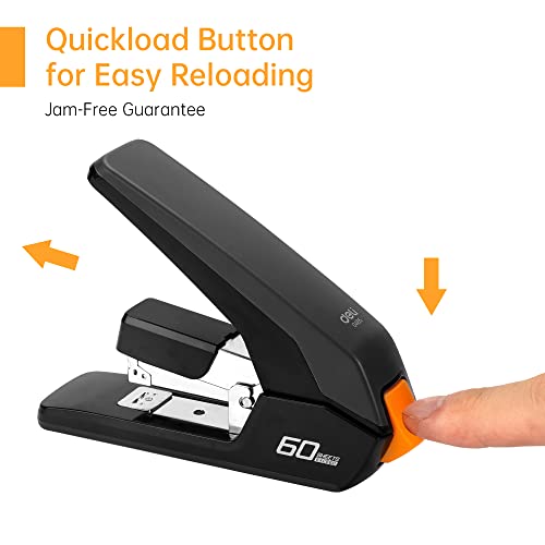 Deli Effortless Desktop Stapler, Heavy Duty Stapler, 60-70 Sheet Capacity, One Finger, No Effort, Includes Staples & Staple Remover, Black