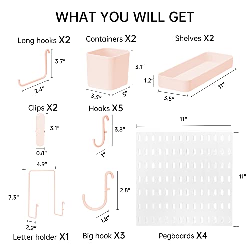 VUSIGN Pegboard Combination Wall Organizer Kit, Wall Mount Display Pegboard Panel Kits for Bedroom, Study, Office, Bathroom, 4 Pieces Pegboards and 17 Accessories, 22" x 22", Pink