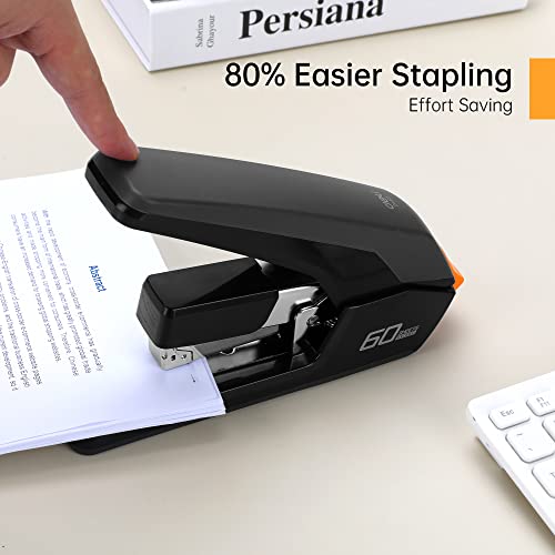 Deli Effortless Desktop Stapler, Heavy Duty Stapler, 60-70 Sheet Capacity, One Finger, No Effort, Includes Staples & Staple Remover, Black