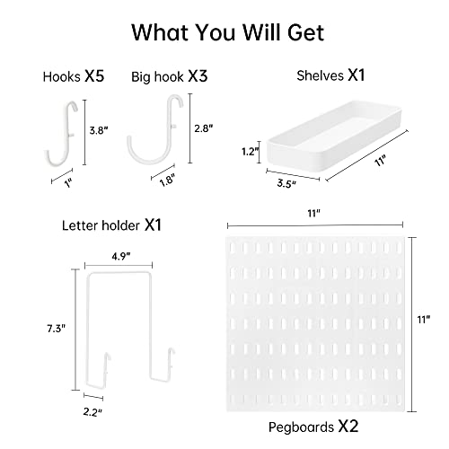 VUSIGN Pegboard Combination Wall Organizer Kit, Wall Mount Display Pegboard Panel Kits for Bedroom, Study, Office, Bathroom, 2 Pieces Pegboards and 10 Accessories, 11" x 22", White
