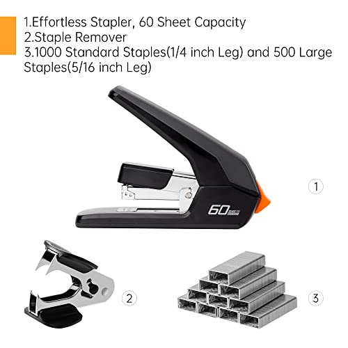Deli Effortless Desktop Stapler, Heavy Duty Stapler, 60-70 Sheet Capacity, One Finger, No Effort, Includes Staples & Staple Remover, Black