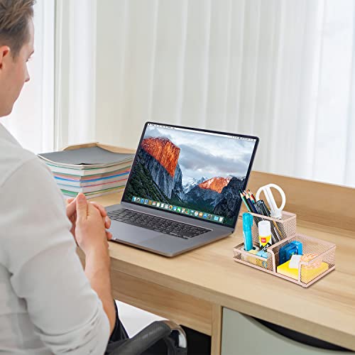 deli Mesh Desk Organizer Office Supplies Caddy with Pencil Holder and Storage Baskets for Desktop Accessories, 3 Compartments, Gold