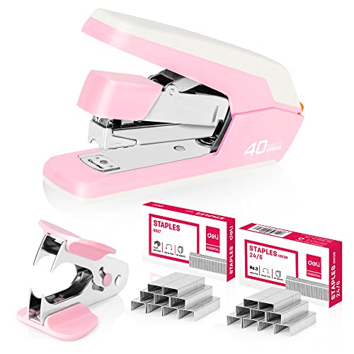Deli Effortless Desktop Stapler, Heavy Duty Stapler, 40 Sheet Capacity, One Finger, No Effort, Includes Staples & Staple Remover, Pink