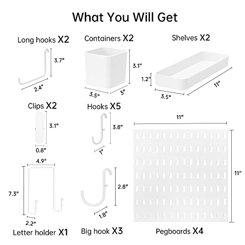VUSIGN Pegboard Combination Wall Organizer Kit, Wall Mount Display Pegboard Panel Kits for Bedroom, Study, Office, Bathroom, 4 Pieces Pegboards and 17 Accessories, 22" x 22", White