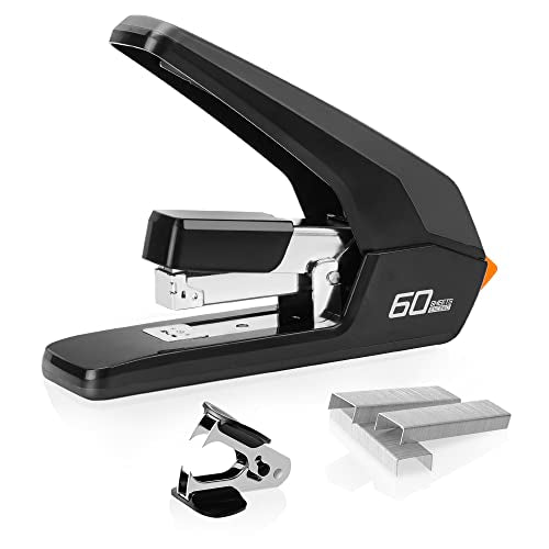 Deli Effortless Desktop Stapler, Heavy Duty Stapler, 60-70 Sheet Capacity, One Finger, No Effort, Includes Staples & Staple Remover, Black