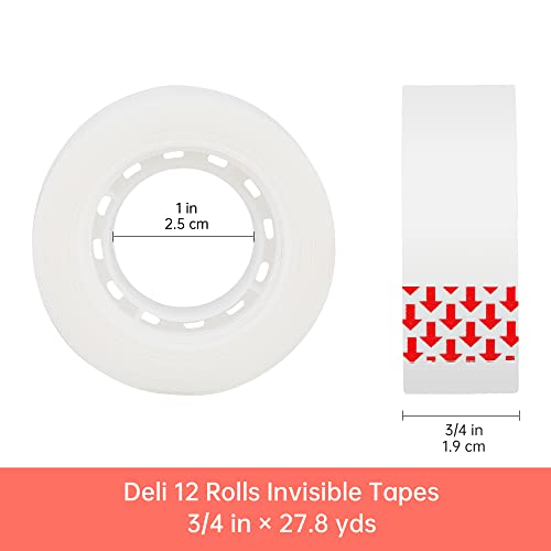 deli Invisible Tapes, 12-Rolls Invisible Tape 3/4 x 1000 Inches, Numerous Applications Stationery Transparent Tape for Office Home School