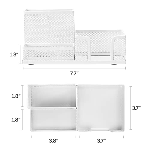 deli Mesh Desk Organizer Office Supplies Caddy with Pencil Holder and Storage Baskets for Desktop Accessories, 3 Compartments, White