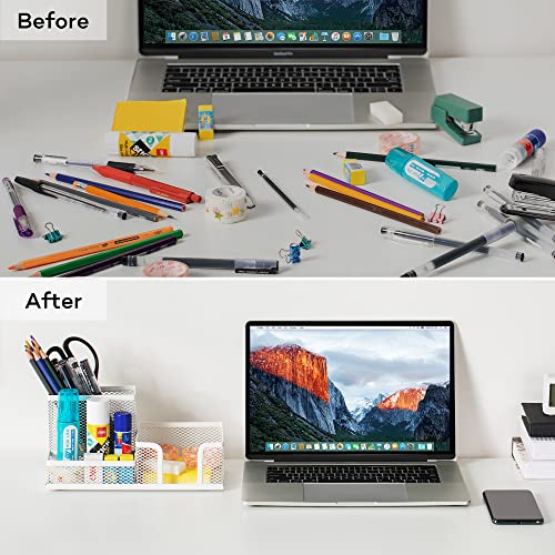deli Mesh Desk Organizer Office Supplies Caddy with Pencil Holder and Storage Baskets for Desktop Accessories, 3 Compartments, White